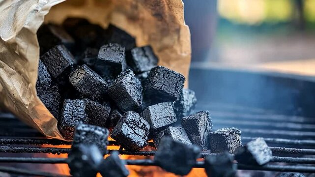 Charcoal pouring from paper bag onto hot grill outdoors