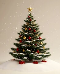 Obraz premium A beautifully decorated Christmas tree stands proudly, adorned with glistening ornaments, twinkling lights, and a dusting of fresh snow. Surrounding the base are small presents.