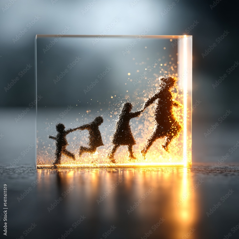 Poster escaping into the light: a family's silhouette leaping forward from darkness to a brighter future in