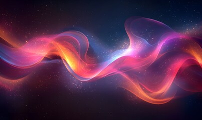 Abstract neon wave background with glowing particles and light streaks.  