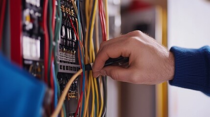 Electrician inspecting electrical wiring. Indoor home renovation site