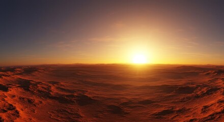 Naklejka premium Martian Sunrise Over Vast Plains - A breathtaking sunrise illuminates the desolate, reddish plains of a distant planet. Symbolizing exploration, solitude, hope, the unknown, and new beginnings