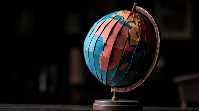 Ornate paper globe on wooden stand in dark room