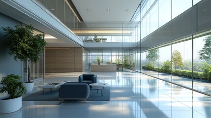 Modern, spacious office lobby with natural light and greenery