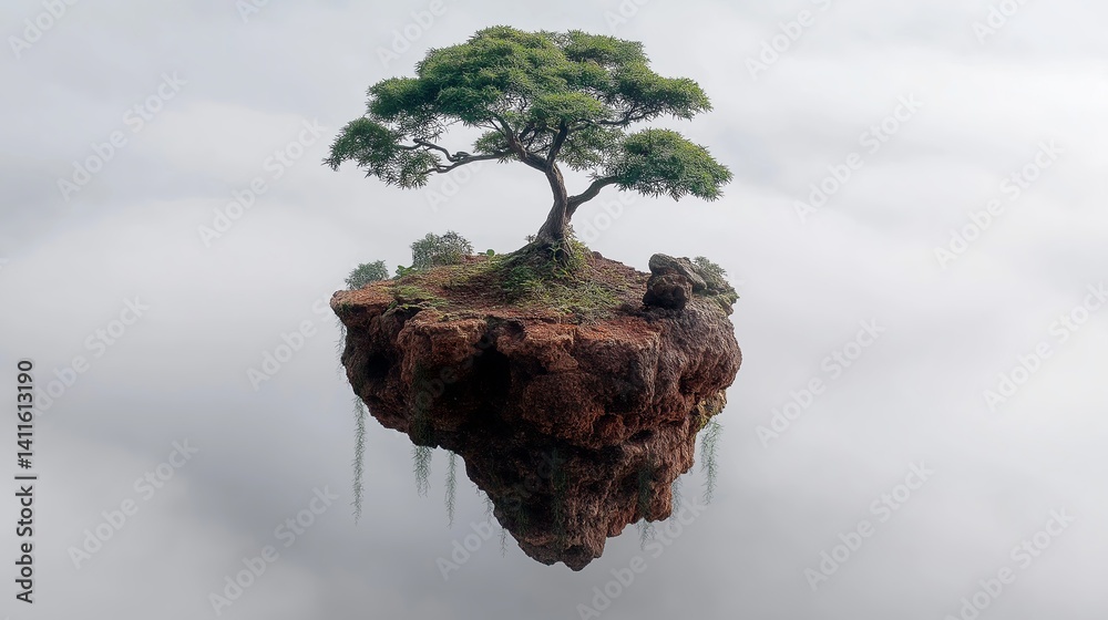 Poster Floating island with one bonsai tree in fog