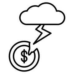 Icon of a cracked dollar coin being struck by lightning from a cloud, symbolizing financial crisis, sudden economic shock, or disaster.