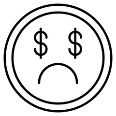Icon of a sad face emoticon with dollar signs for eyes, symbolizing financial distress, money problems, or economic sadness.