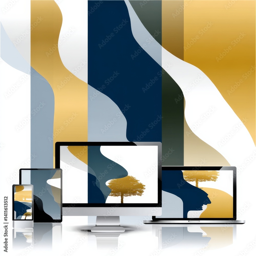 Poster modern devices with abstract gold and blue design, seamless integration of technology and art