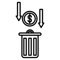Icon of money (dollar coin) being thrown into a trash can with downward arrows, symbolizing financial waste or loss.
