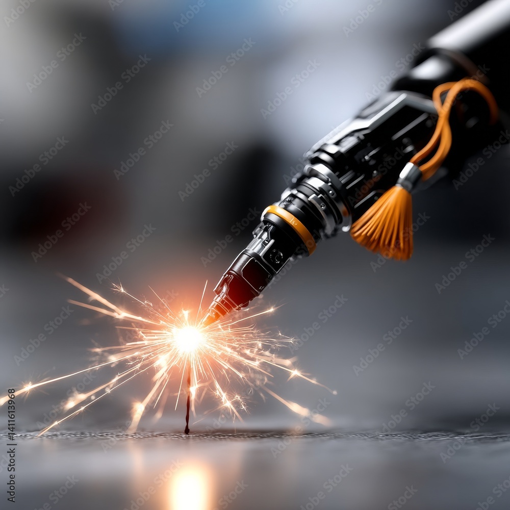 Leinwandbilder Robotic Arm Igniting Sparks: Close-up of a futuristic mechanical limb creating a dazzling display of light and energy.