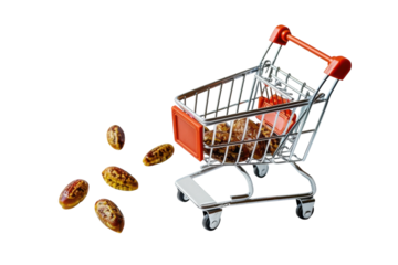 Miniature shopping cart with unique decorative eggs in a light setting, showcasing a blend of creativity and whimsy isolated on transparent background