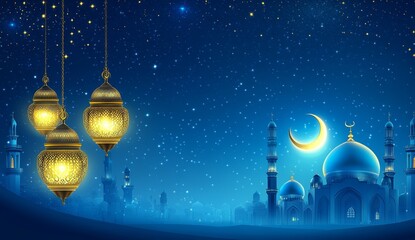 Nighttime mosque scene with lanterns and crescent moon