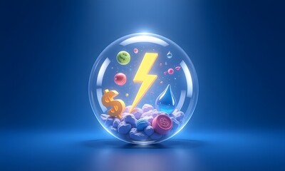 Glass sphere with various objects inside and behind.