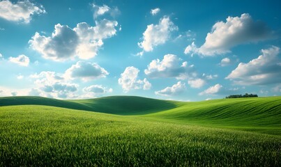 Fototapeta premium Rolling green hills beneath a vast, vibrant blue sky dotted with fluffy white clouds. capturing a sense of serenity and open space.
