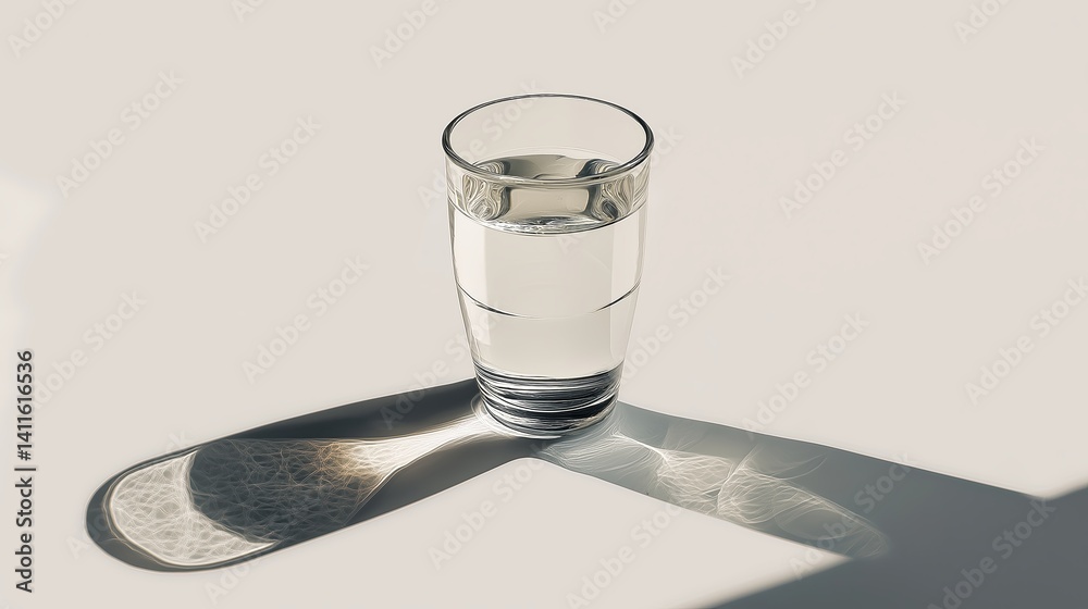 Poster glass of water with a shadow cast on plain surface
