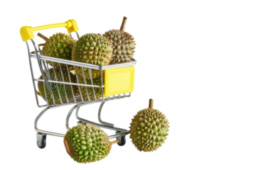 A vibrant miniature shopping cart filled with fresh durians, capturing the essence of tropical indulgence and unique culinary experiences isolated on transparent background