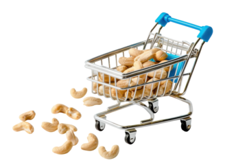 A miniature shopping cart overflowing with cashews on a bright surface, inviting healthy snacking options for all ages isolated on transparent background