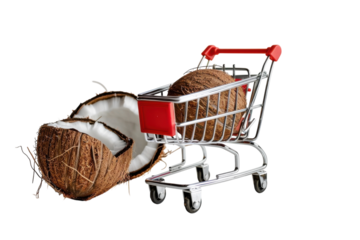 A miniature shopping cart holds a coconut next to a cracked coconut shell on a clean surface, showcasing a unique grocery display isolated on transparent background