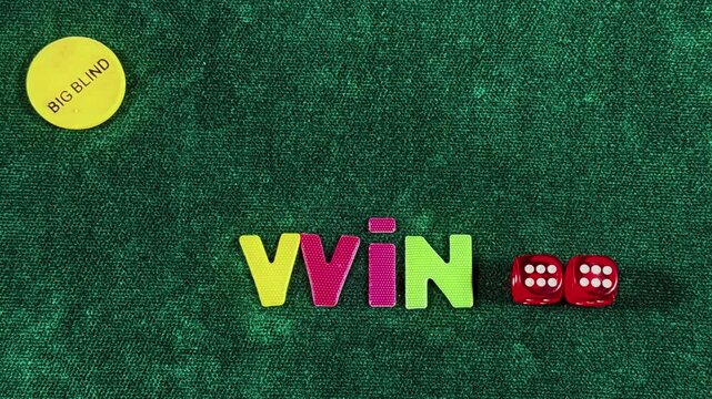 Gambling Win Letter Money Chips Poker Cards and Red Dices Stop Motion