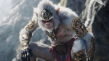 Fantasy: A white monkey with intricate tattoos stands in the middle of a terrifying forest.