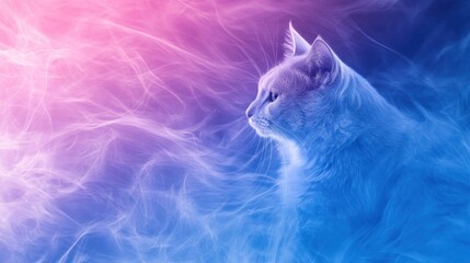 Mystical cat in a vibrant, ethereal smoke-filled space