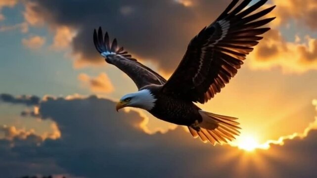 An eagle flying in the golden sunlight sky