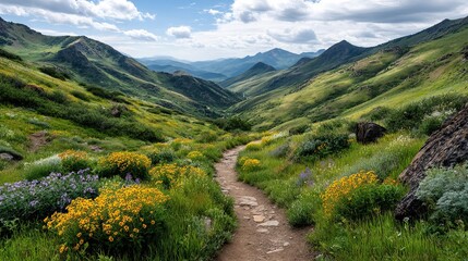 Naklejka premium A peaceful mountain hiking trail leading through rolling hills background for nature designs, scenic A peaceful mountain hiking trail leading through rolling hills for inspirational visuals