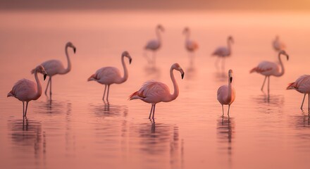 Naklejka premium Pink Flamingos at Dawn: A Serene Sunset Reflection