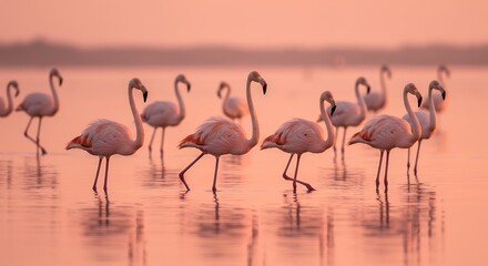 Obraz premium Flamingos at Sunset: A Serene Pink Panorama