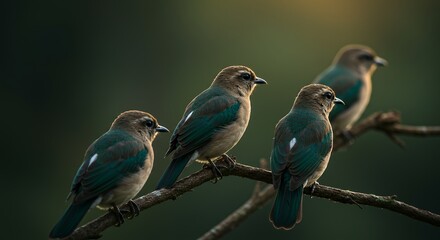 Fototapeta premium Serene Teal-winged Birds Perched on Branch: A Golden Hour Masterpiece