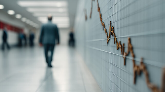 Market Downturn: A businessman walks alone through a long corridor, as a declining market trend is displayed on the wall, representing an economic recession and a time of financial concern.