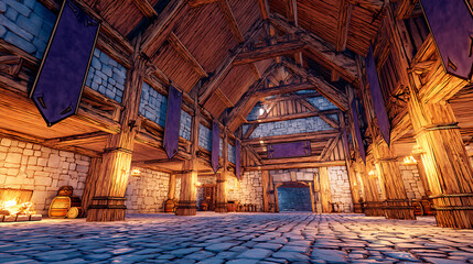 Fototapeta premium Medieval Hall Interior With Wooden Architecture and Stone Floor and a Quest Board with Warm Lighting and a Vaulted Ceiling