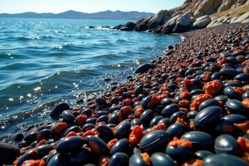 Obraz premium Dense mussel bed clinging to rocks, Ensenada Bay, Ushuaia, mussels, marine biology
