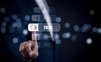 Marketing strategy concept for 2025. Businessman holding dart, targeting future goals with data analytics, growth trends, and digital marketing insights.
