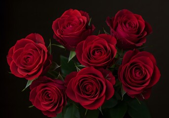 Obraz premium Seven Gorgeous Red Roses with Green Leaves