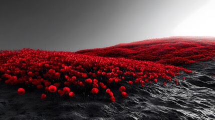 Dynamic portrayal of crimson poppies emerging in a barren field with a stark monochrome backdrop highlighting selective and refined visual aesthetics