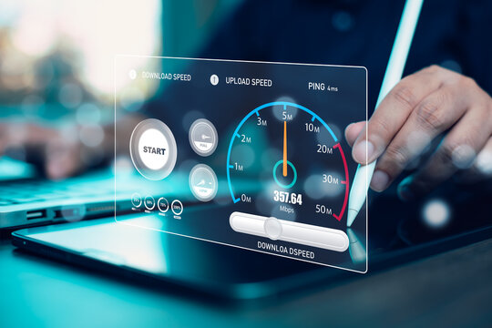 Fast internet connection with Metaverse technology concept, Hand holding smartphone and Virtual screen of Internet speed measurement,Internet and technology concept, 5G Hi speed internet concept