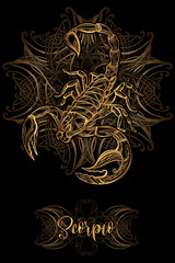 Vector illustration of golden ornamental scorpion with intricate tribal and mandala patterns on black background. Detailed line art in boho and spiritual style