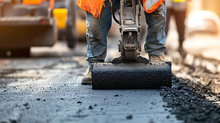 Road paver smoothing fresh asphalt during highway resurfacing. Featuring precision and teamwork