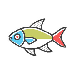 A Colorful Stylized Cartoon Fish Illustration with Red Tail Fin and Blue Eye
