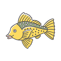 A vibrant illustration of a yellow fish with green and white spots detailed fins and tail