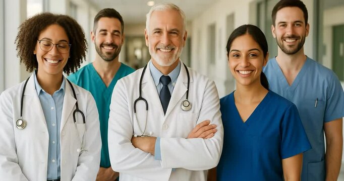 A diverse team of doctors and nurses stand together, showcasing their teamwork and commitment to healthcare.  Their smiles convey confidence, compassion and dedication. 