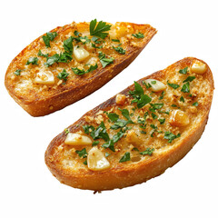 Crispy garlic bread slices with golden crust and parsley topping isolated on transparent background.