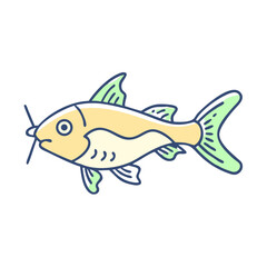 Illustration of a light yellow fish with green fins swimming in water