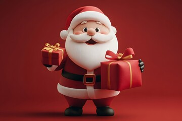 Obraz premium A jolly Santa Claus, with rosy cheeks, a white beard and a red outfit, is holding a gift. The presents are wrapped with golden ribbon.