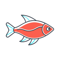 A vibrant red fish illustration with teal fins and stylized lines a cartoon aquatic animal graphic