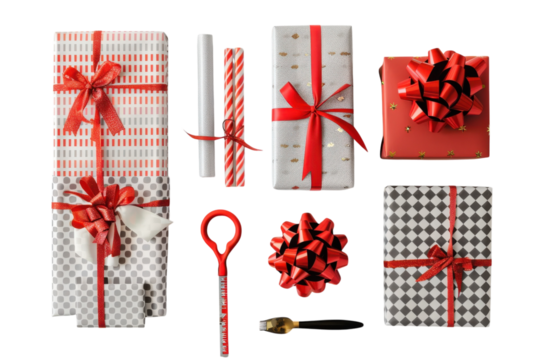 Festively wrapped gifts with vibrant ribbons arranged creatively for a joyful holiday celebration isolated on transparent background