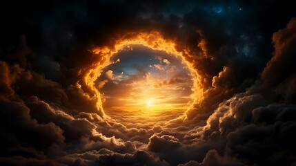 Celestial Sunset Fiery Ring in Dramatic Cloudscape.