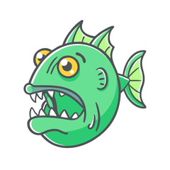 Cartoon illustration of a funny green fish with big teeth and large eyes