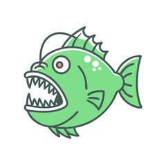 A cartoon illustration of a light green anglerfish with sharp teeth and a bioluminescent lure
